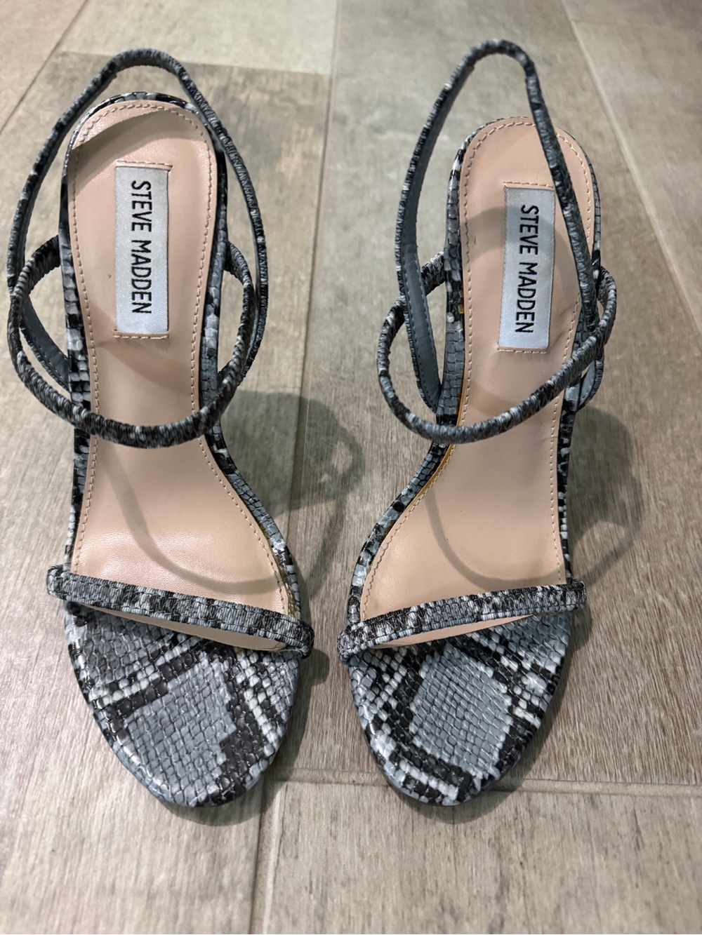 Steve Madden Gray Snake-Print Strappy Stiletto Heels